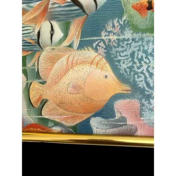 Vtg Original Thick Texture Oil Painting Tropical Fish Brass Frame 20" Registered - Picture 2 of 13